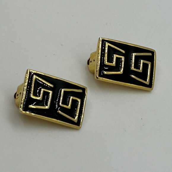 Vintage Gold & Black  Earrings Enamel Greek Key Clip-On 1980s Designer Statement - Picture 12 of 14